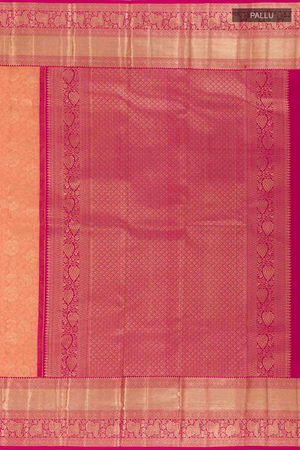Close up image of the pallu of Rose pink Kanchipuram Silk Saree with Zari Brocade on the body and Zari Border. 