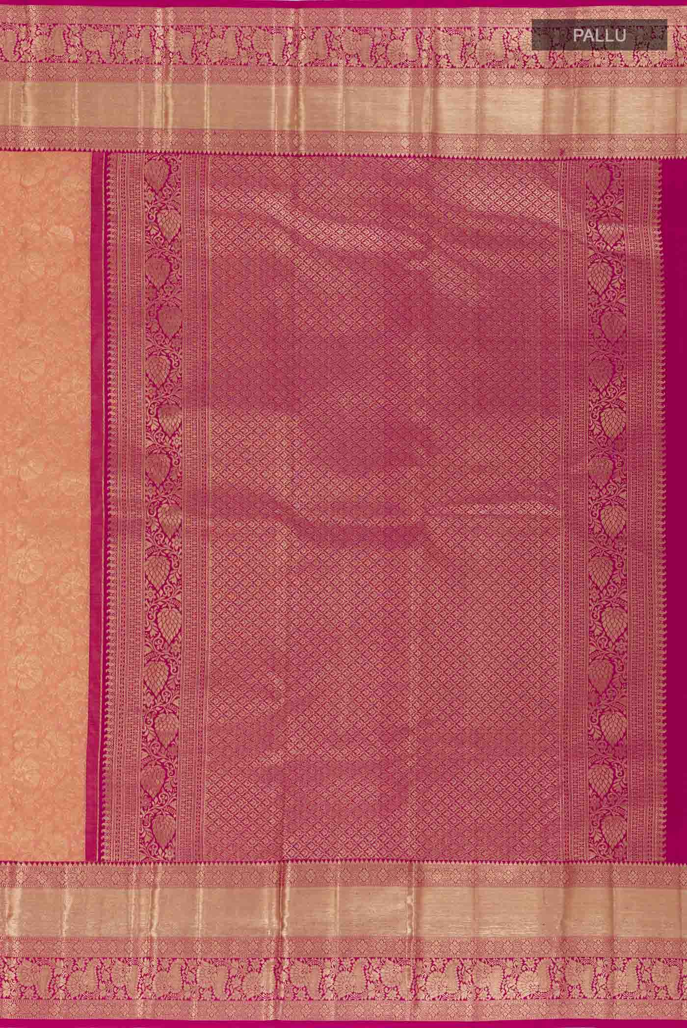 Close up image of the pallu of Rose pink Kanchipuram Silk Saree with Zari Brocade on the body and Zari Border. 