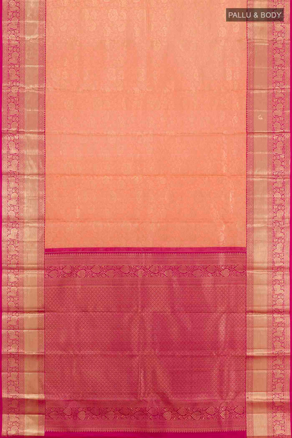 Flat view of Rose pink Kanchipuram Silk Saree with Zari Brocade on the body and Zari Border. 