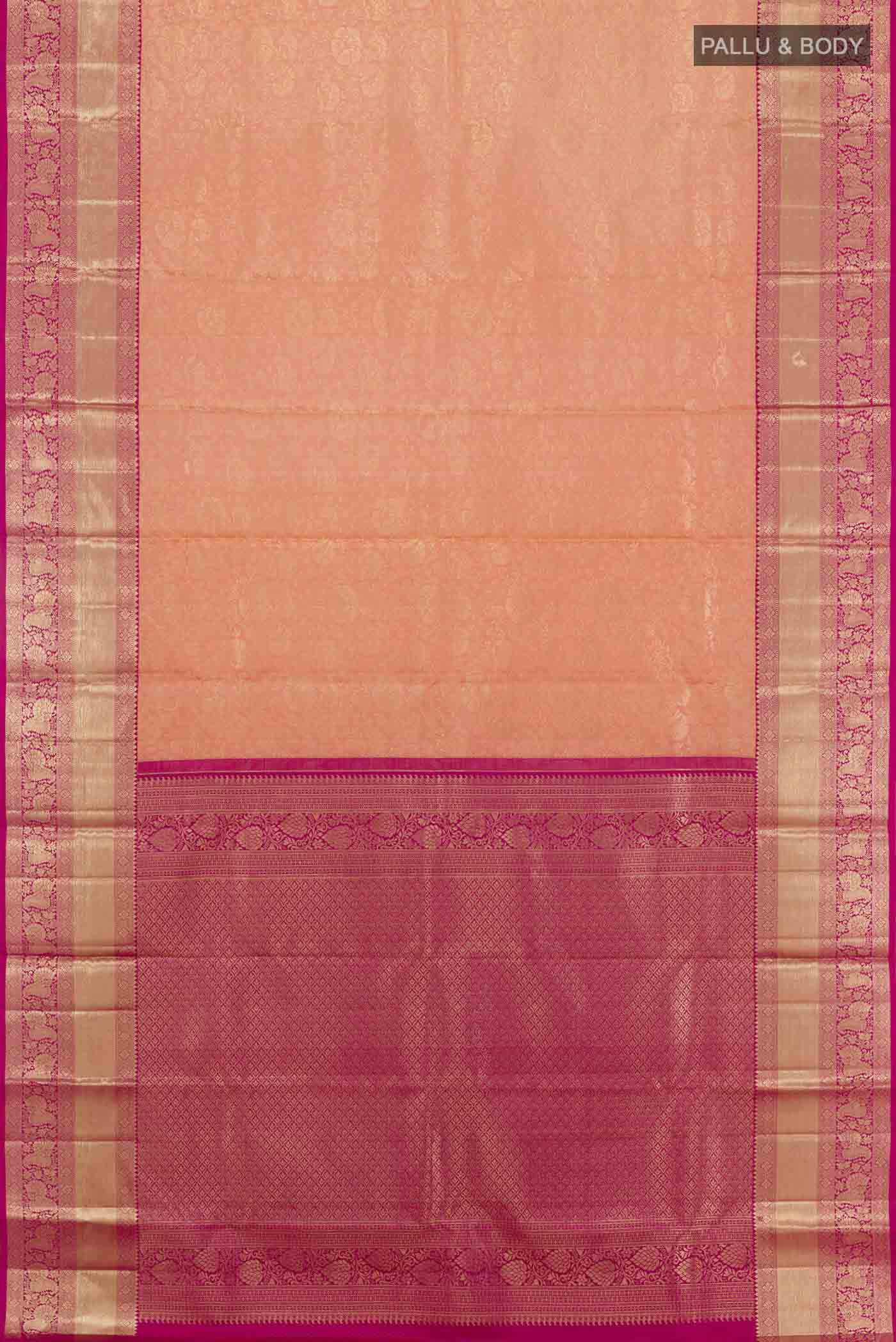Flat view of Rose pink Kanchipuram Silk Saree with Zari Brocade on the body and Zari Border. 