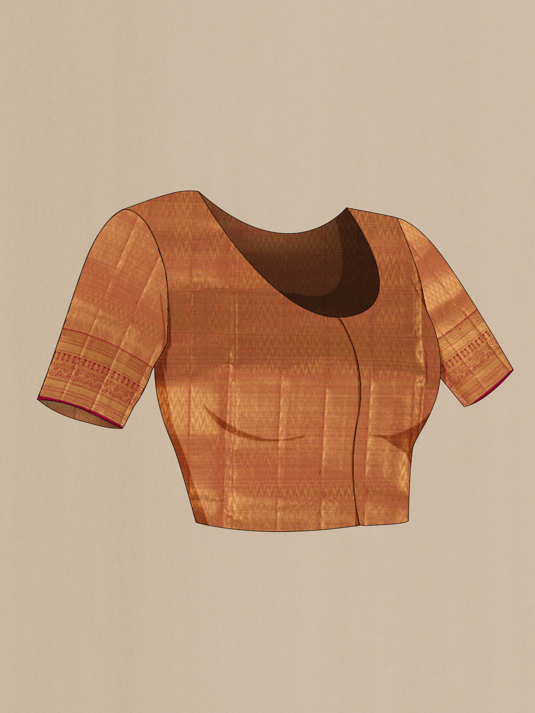 Close up image of the blouse of Golden Peach Kanjivaram Tissue Silk Saree with Zari Brocade on the body and Zari Border. 