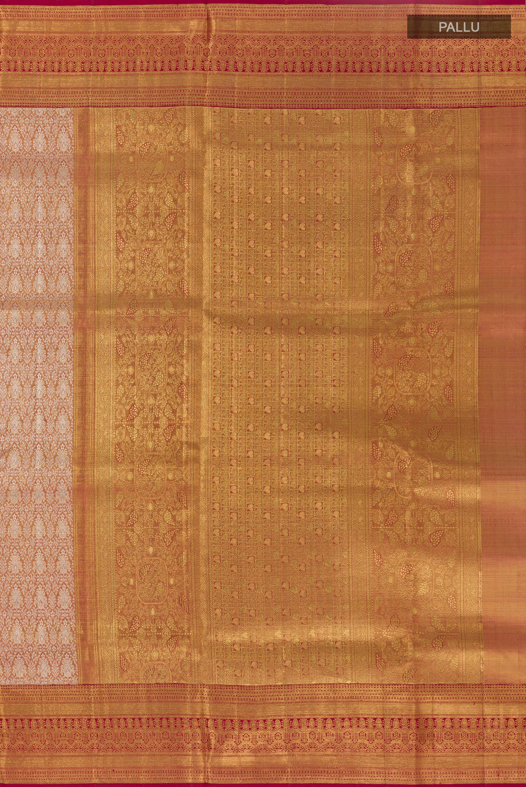 Close up image of the pallu of Golden Peach Kanjivaram Tissue Silk Saree with Zari Brocade on the body and Zari Border. 