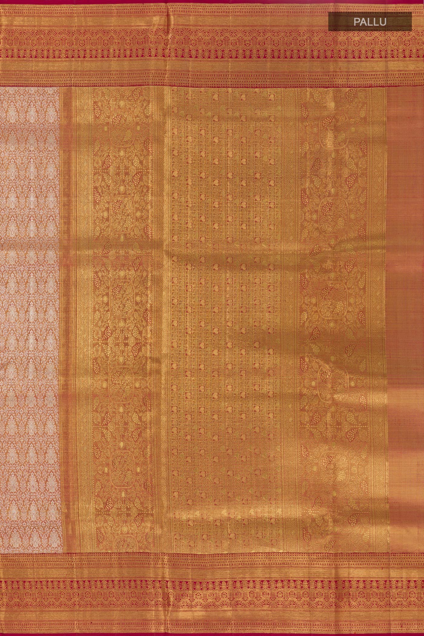 Close up image of the pallu of Golden Peach Kanjivaram Tissue Silk Saree with Zari Brocade on the body and Zari Border. 