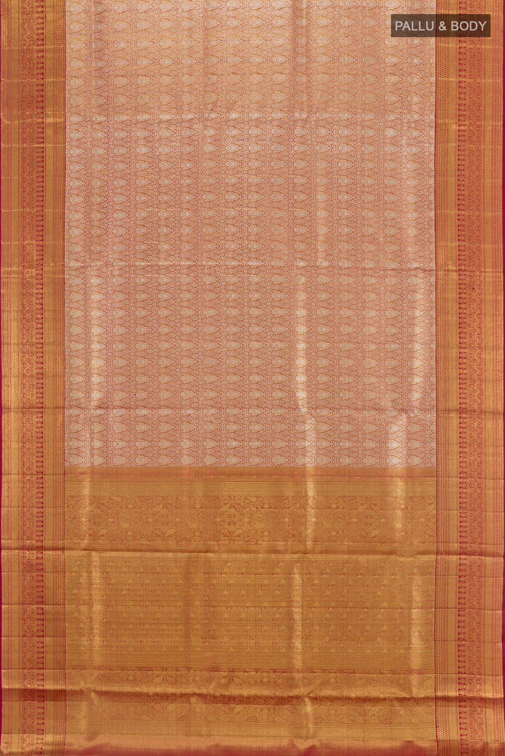 Flat view of Golden Peach Kanjivaram Tissue Silk Saree with Zari Brocade on the body and Zari Border. 