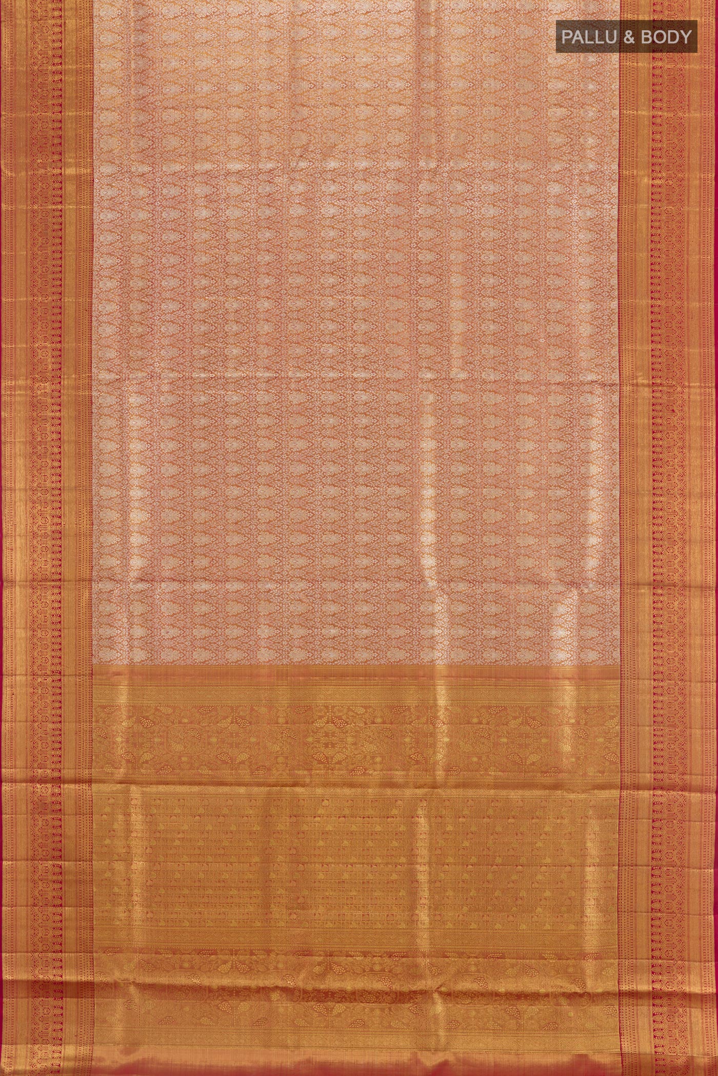 Flat view of Golden Peach Kanjivaram Tissue Silk Saree with Zari Brocade on the body and Zari Border. 