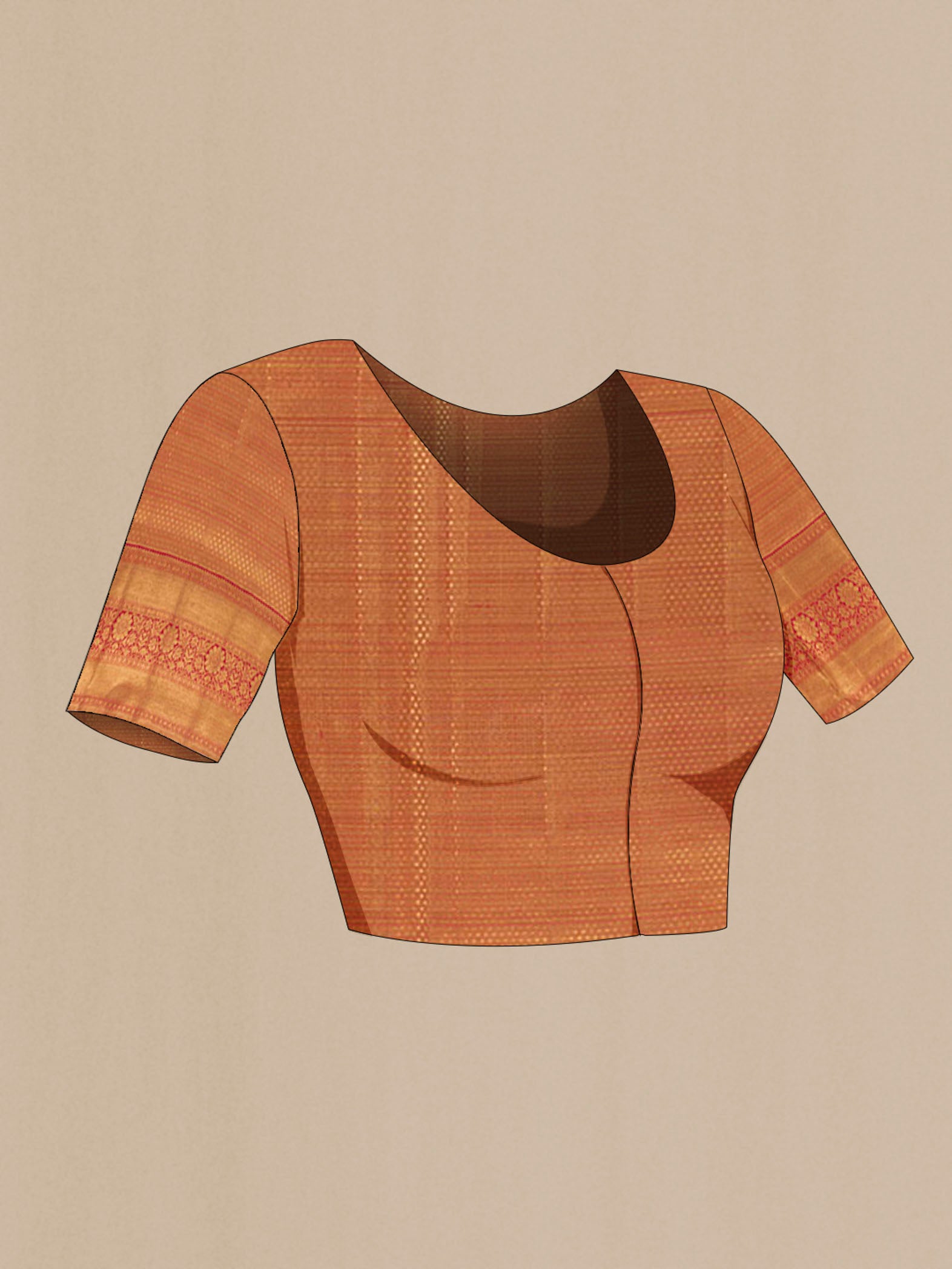 Close up image of the blouse of Golden Peach Kanjivaram Silk Saree with Zari Brocade on the body and Zari Border. 