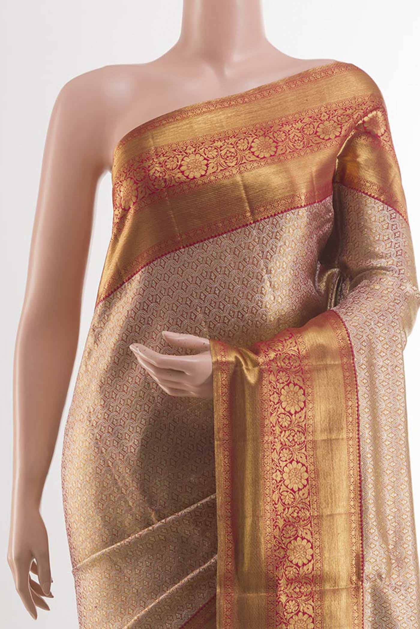 Border image of Golden Peach Kanjivaram Silk Saree with Zari Brocade on the body and Zari Border. 