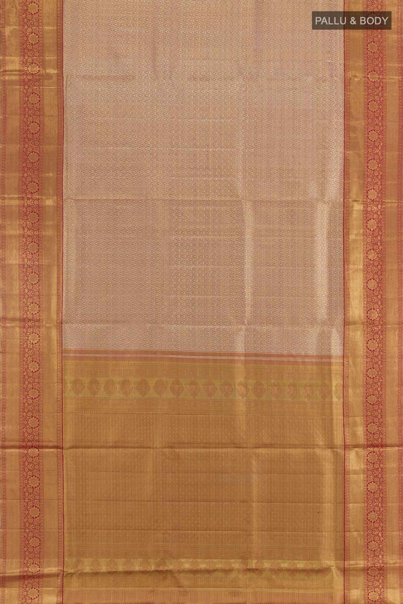 Flat view of Golden Peach Kanjivaram Silk Saree with Zari Brocade on the body and Zari Border. 