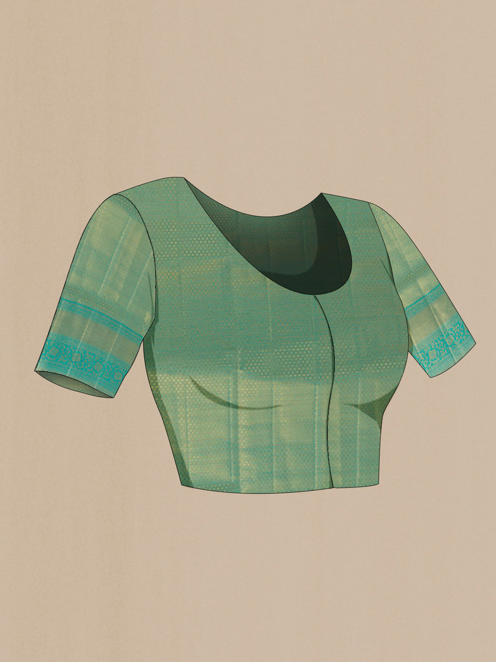 Close up image of the blouse of Sea Green Kanjivaram Tissue Silk Saree with Zari Brocade on the body and Zari Border. 