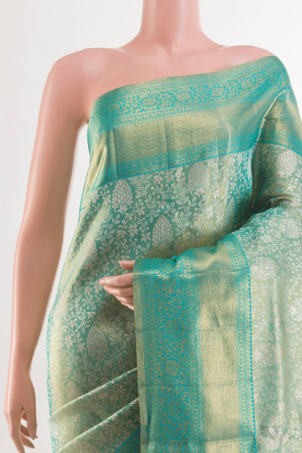 Border image of Sea Green Kanjivaram Tissue Silk Saree with Zari Brocade on the body and Zari Border. 