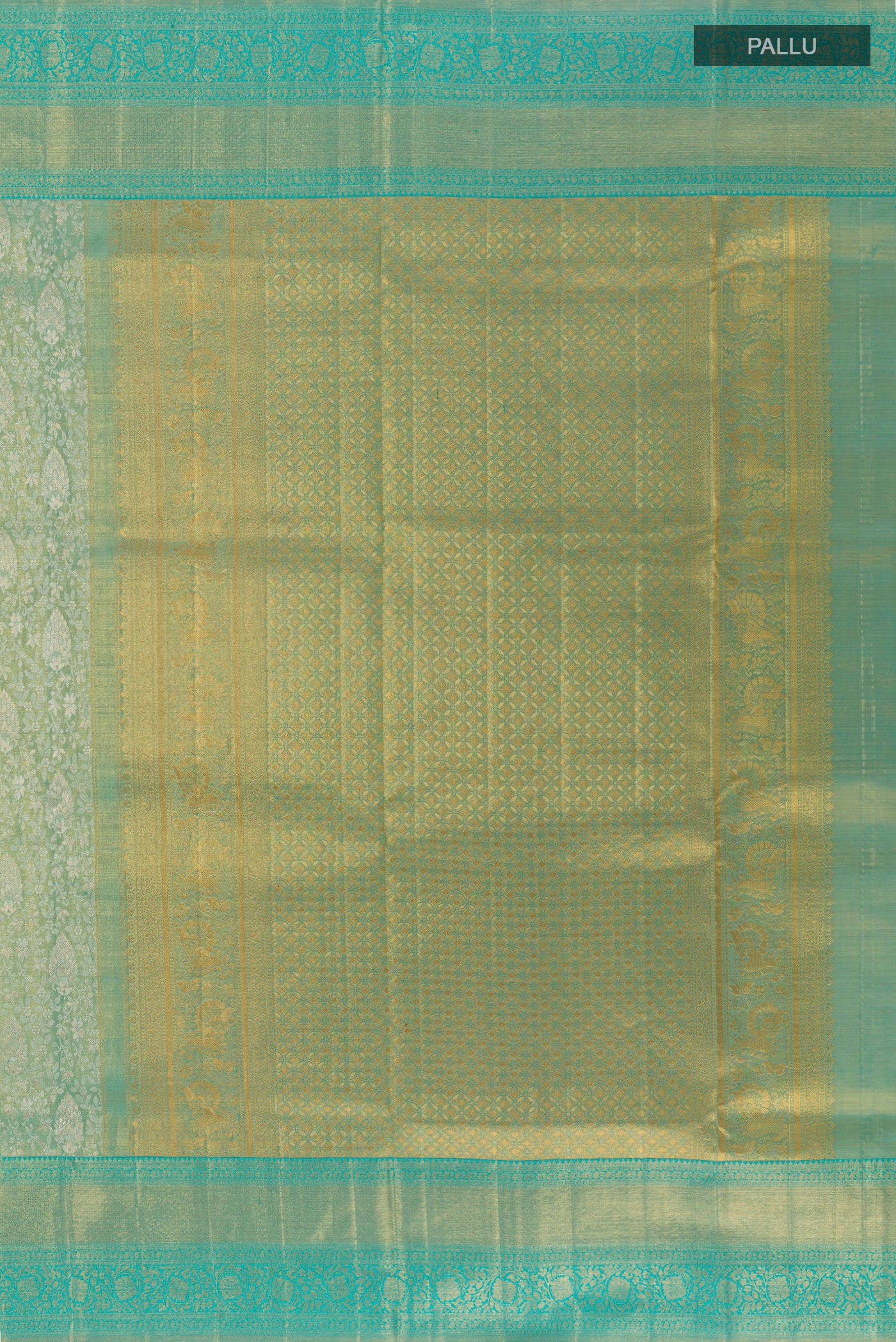 Close up image of the pallu of Sea Green Kanjivaram Tissue Silk Saree with Zari Brocade on the body and Zari Border. 