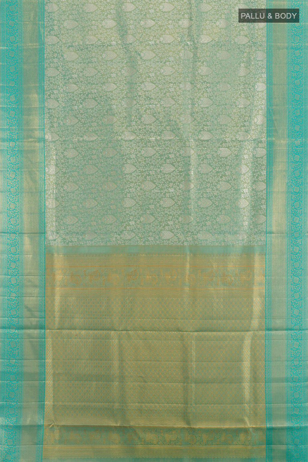 Flat view of Sea Green Kanjivaram Tissue Silk Saree with Zari Brocade on the body and Zari Border. 