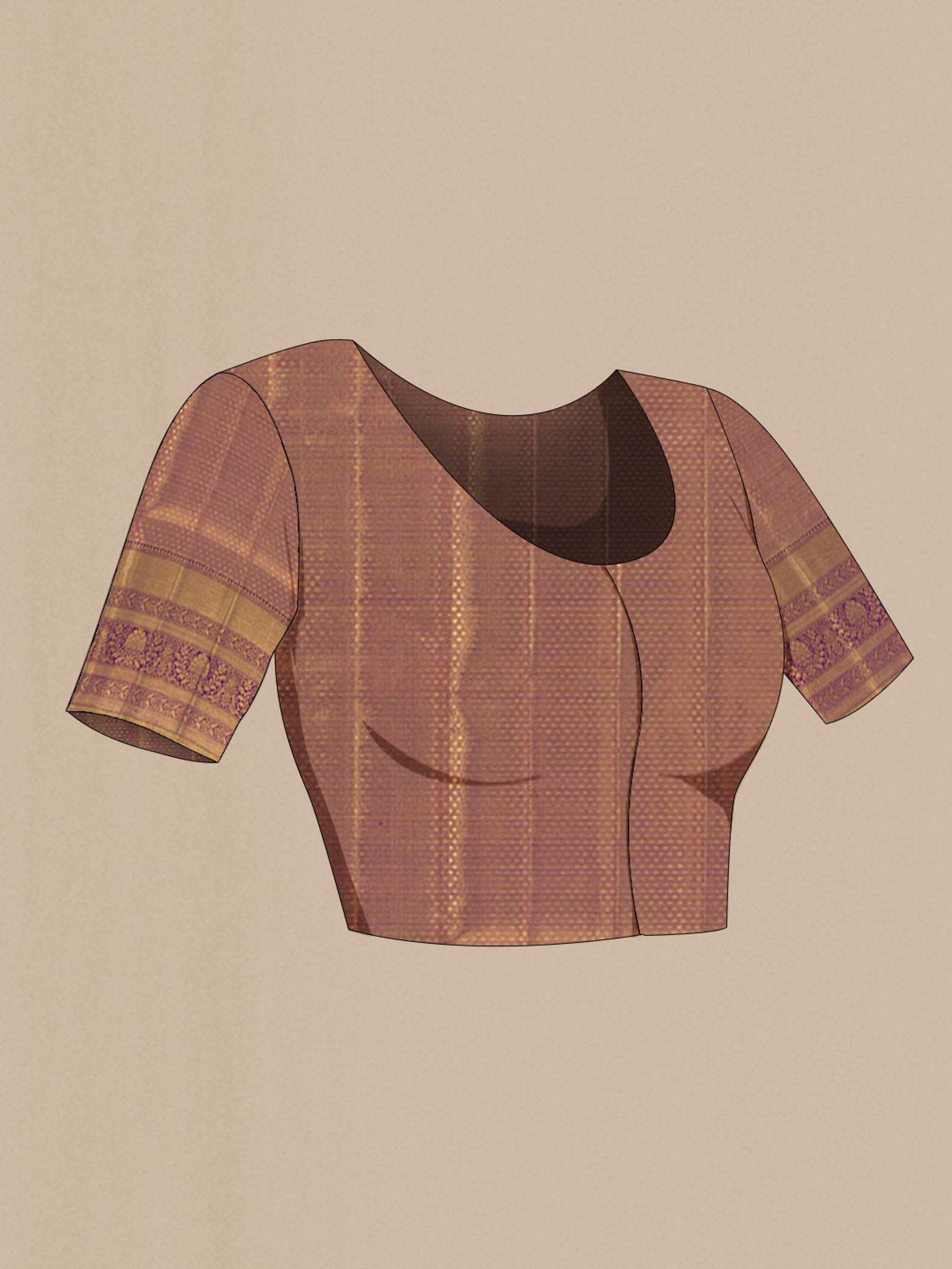 Close up image of the blouse of Purple Kanjivaram Silk Saree with Zari Brocade on the body and Zari Border. 