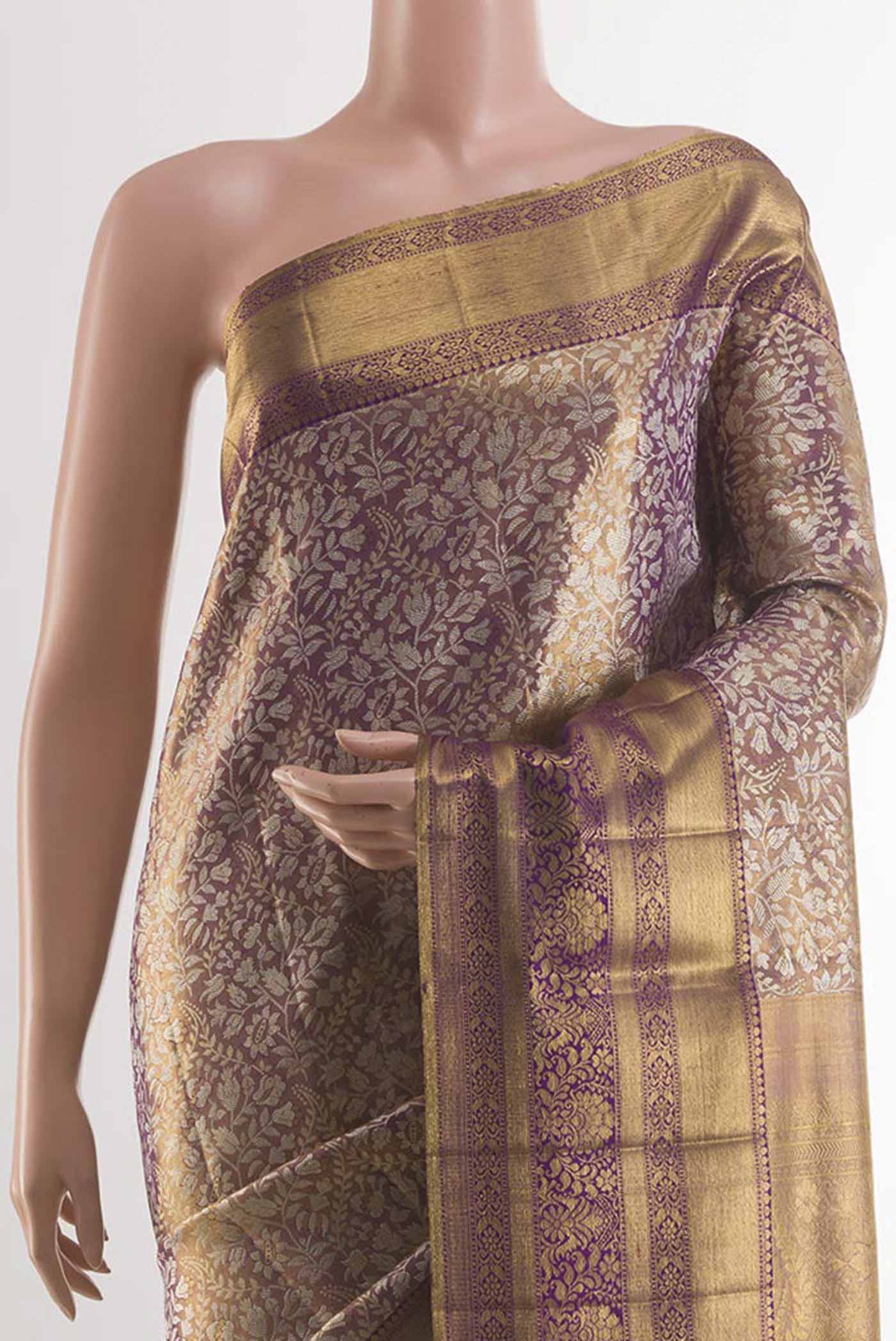 Border image of Purple Kanjivaram Silk Saree with Zari Brocade on the body and Zari Border. 