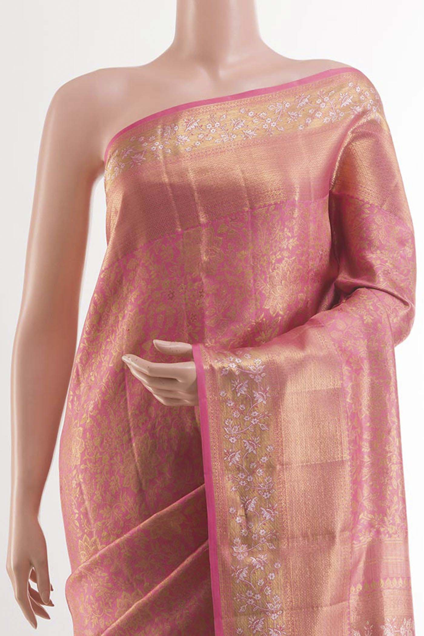 Border image of Pink Kanjivaram Silk Saree with Zari Brocade on the body and Zari Border. 