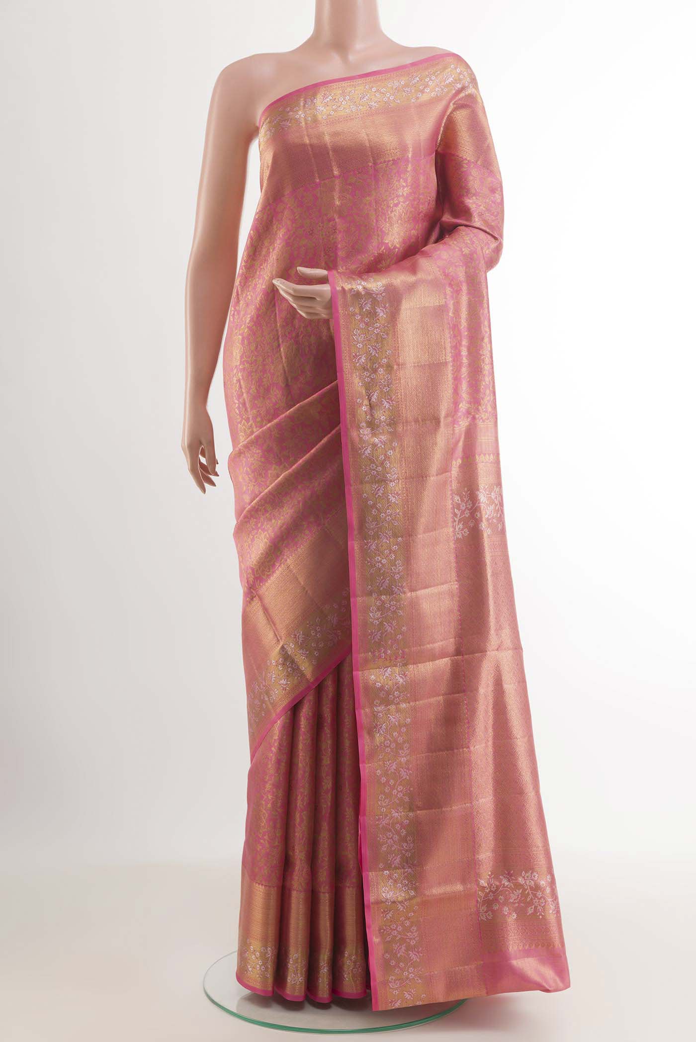 Pink Kanjivaram Silk Saree with Zari Brocade on the body and Zari Border.  displayed on a mannequin