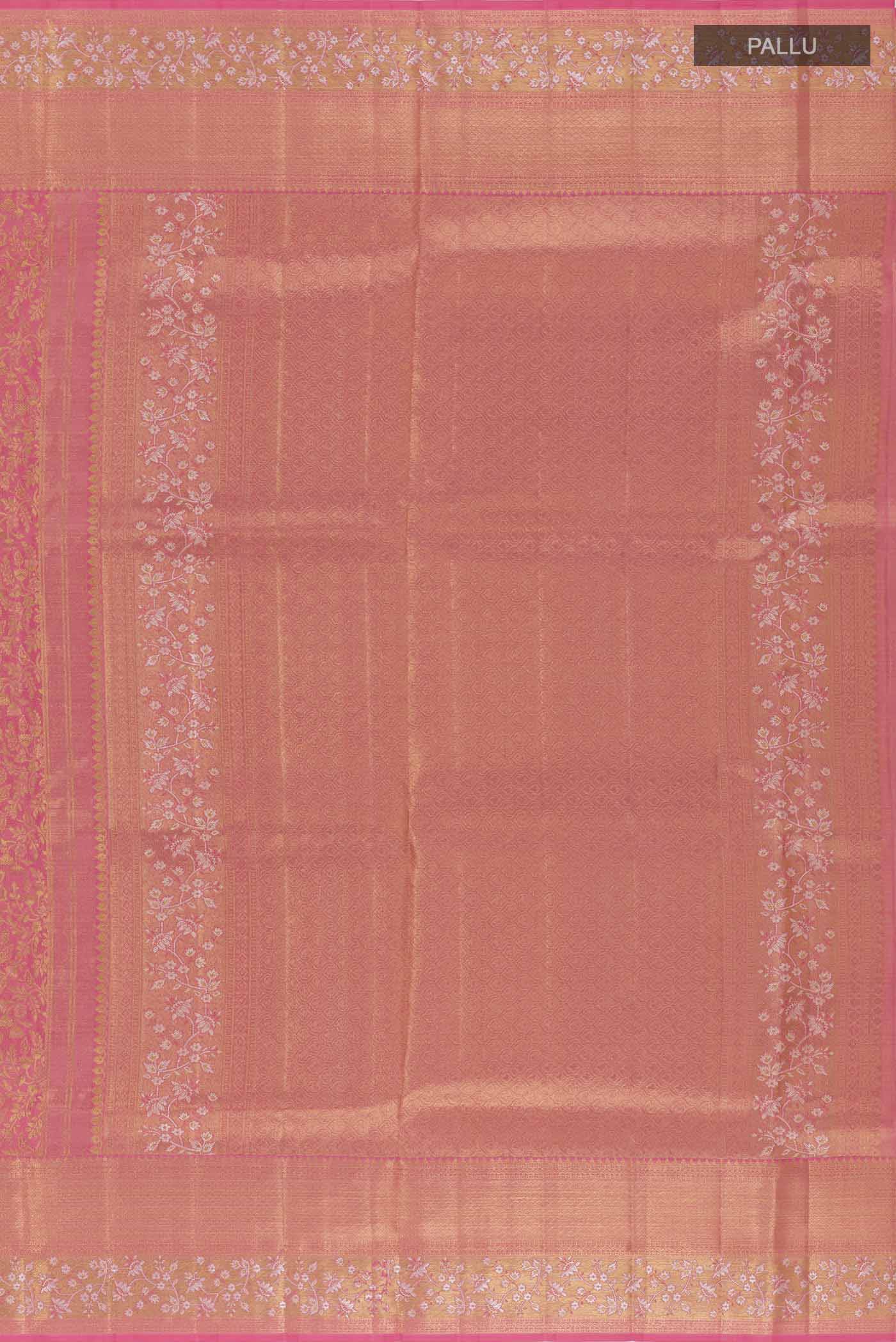 Close up image of the pallu of Pink Kanjivaram Silk Saree with Zari Brocade on the body and Zari Border. 