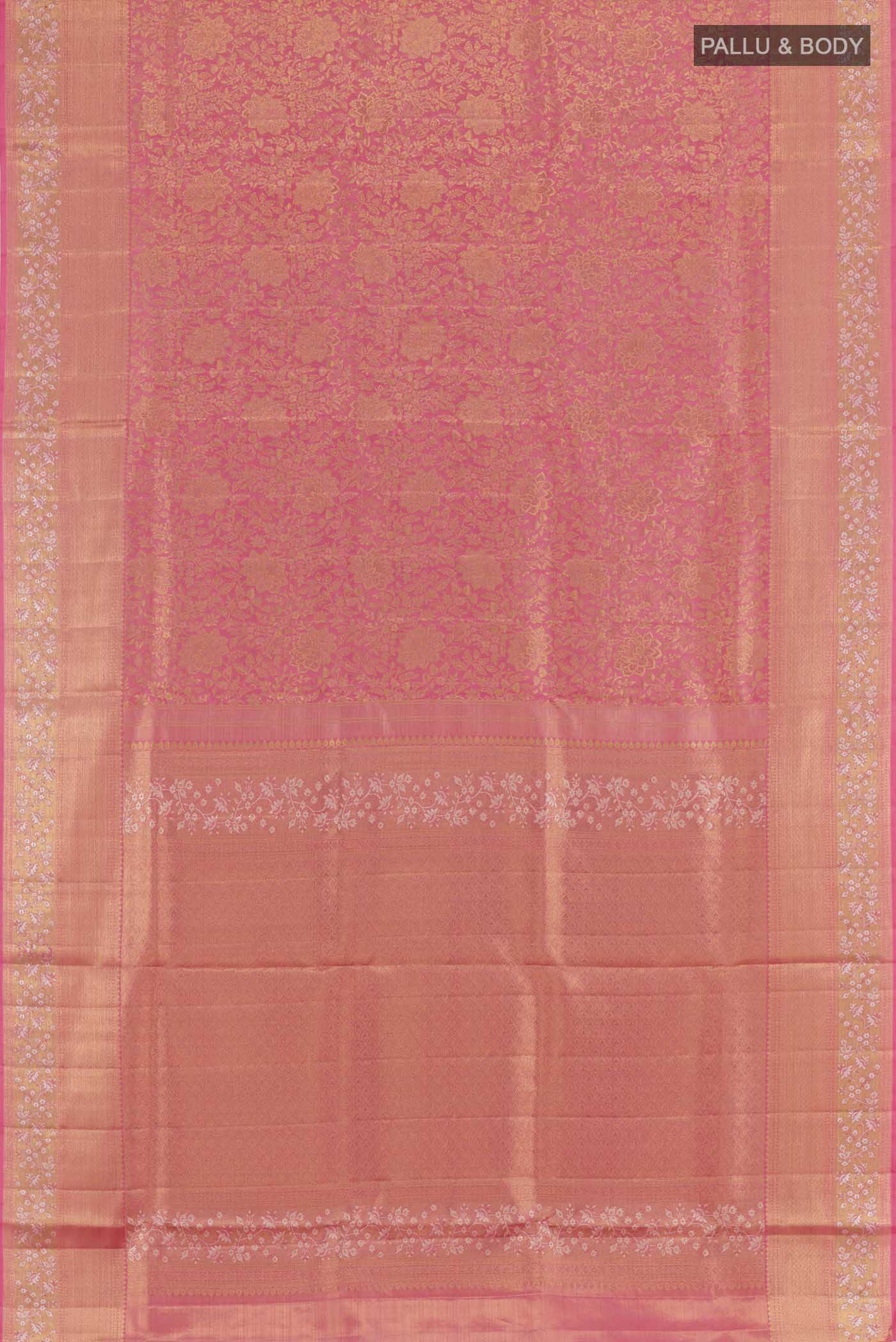 Flat view of Pink Kanjivaram Silk Saree with Zari Brocade on the body and Zari Border. 