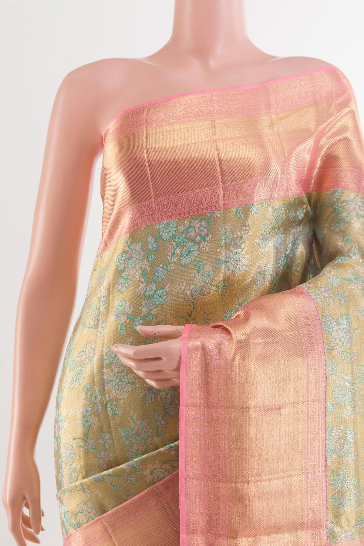 Border image of Golden Kanjivaram Tissue Silk Saree with Zari Brocade on the body and Zari Border. 