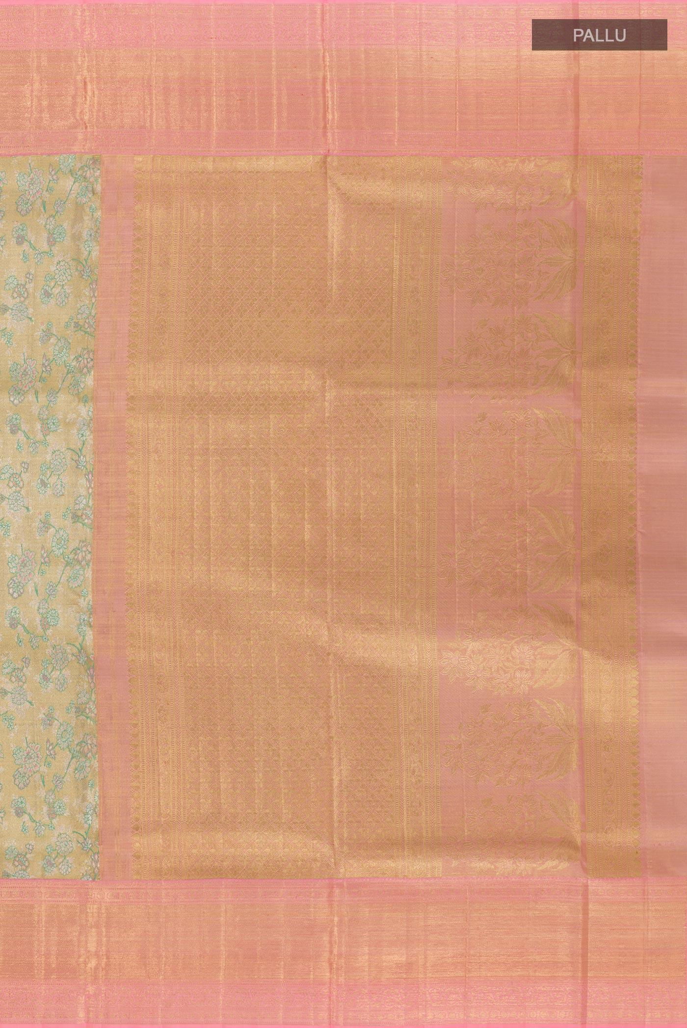 Close up image of the pallu of Golden Kanjivaram Tissue Silk Saree with Zari Brocade on the body and Zari Border. 