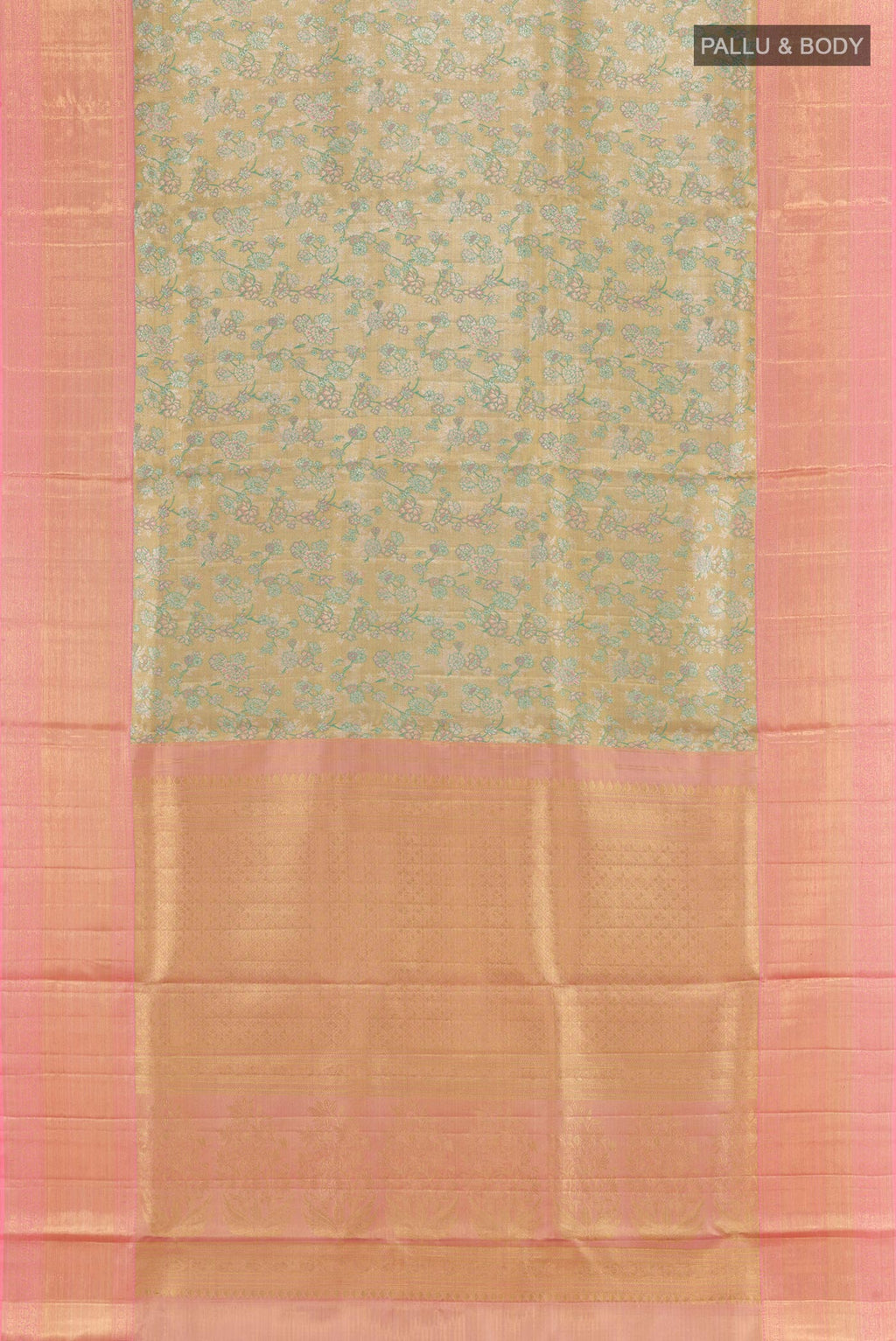 Flat view of Golden Kanjivaram Tissue Silk Saree with Zari Brocade on the body and Zari Border. 