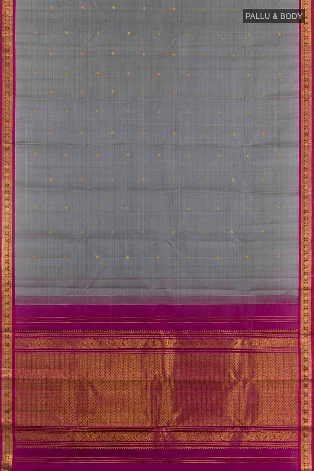 Flat view of Grey Kanchipuram Silk Saree with Zari Butta on the body and Zari Border. 