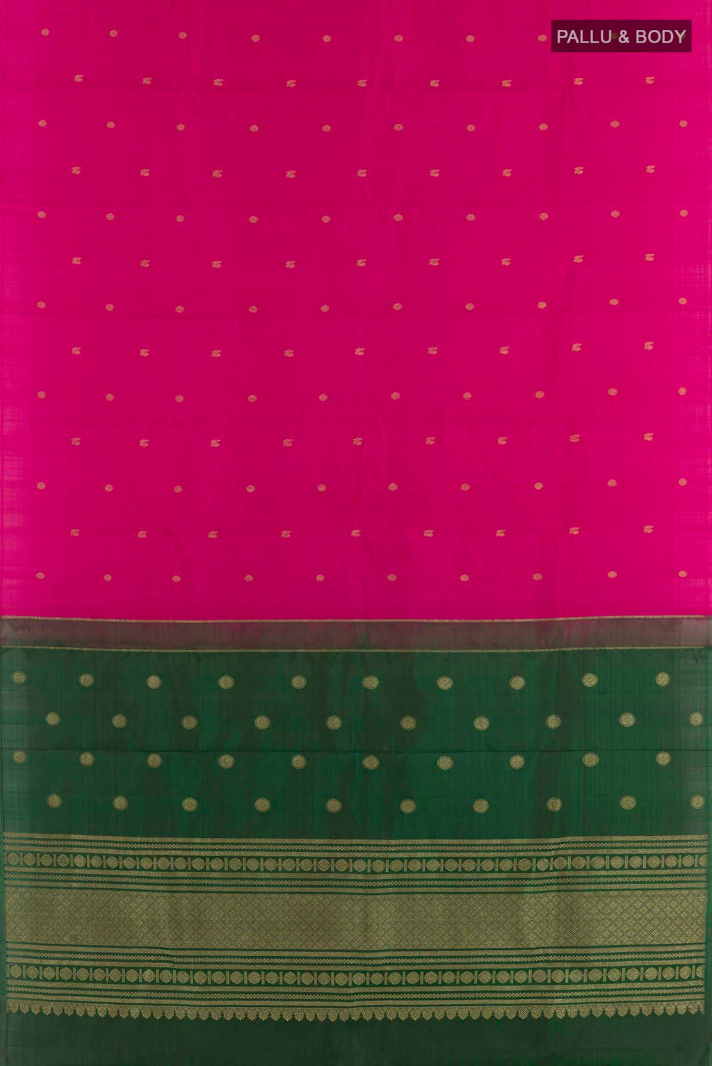 Flat view of Rani Pink Kanchipuram Silk Saree with Zari Butta on the body and Zari Border. 