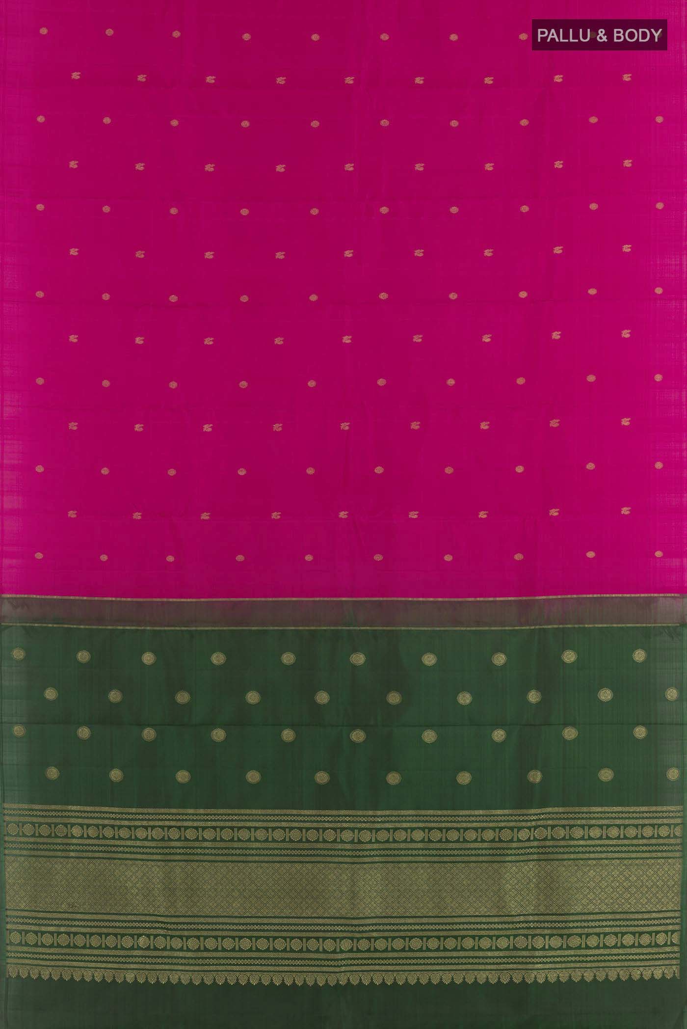 Flat view of Rani Pink Kanchipuram Silk Saree with Zari Butta on the body and Zari Border. 