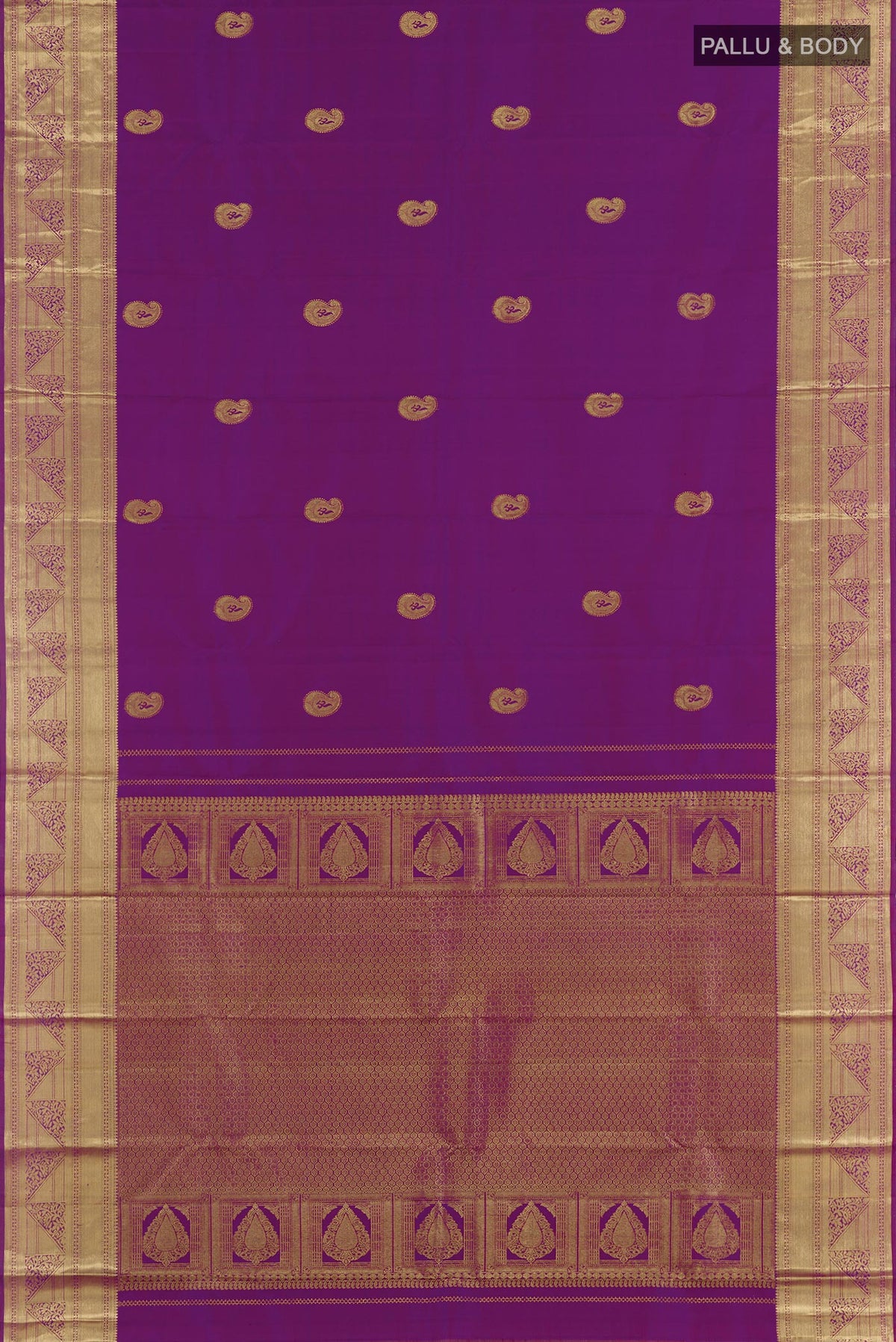 Flat view of Purple Kanchipuram Silk Saree with Zari Butta on the body and Zari Border. 
