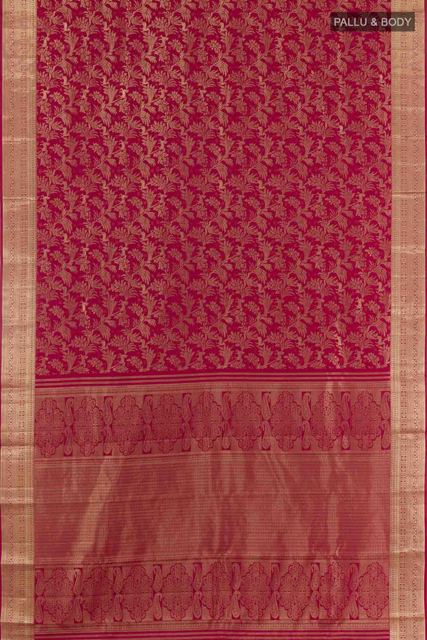 Flat view of Red Kanjivaram Silk Saree with Zari Brocade on the body and Zari Border. 