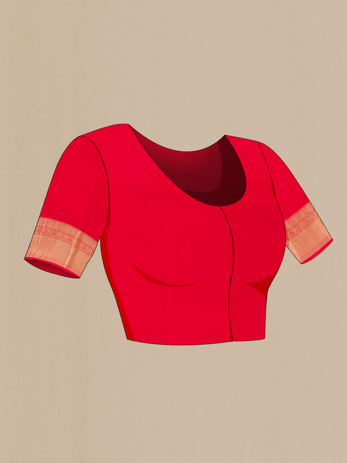 Close up image of the blouse of Red Kanjivaram Silk Saree with Zari Brocade on the body and Zari Border. 
