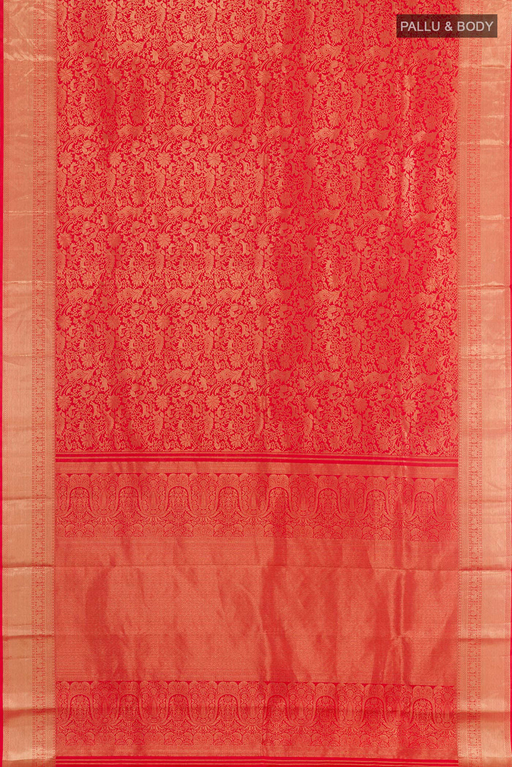 Flat view of Red Kanjivaram Silk Saree with Zari Brocade on the body and Zari Border. 