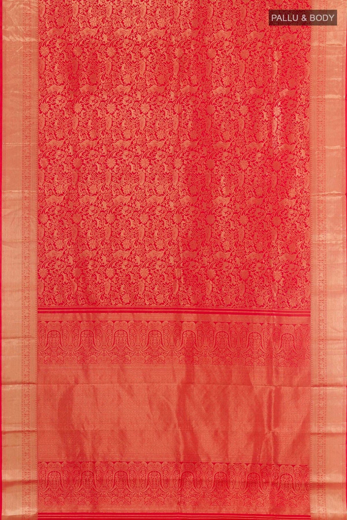 Flat view of Red Kanjivaram Silk Saree with Zari Brocade on the body and Zari Border. 