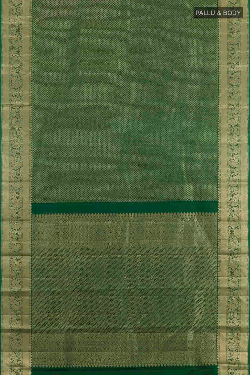 Flat view of Green Kanjivaram Silk Saree with Zari Brocade on the body and Zari Border. 