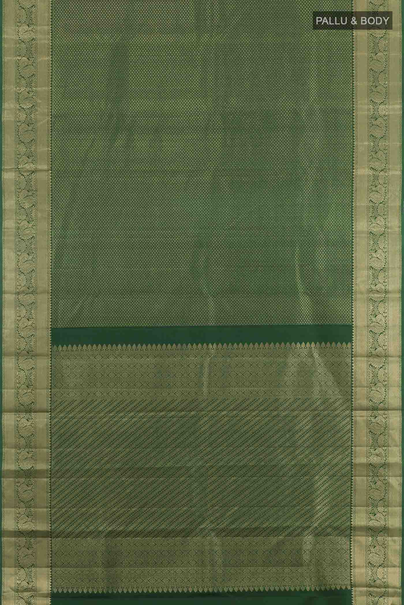 Flat view of Green Kanjivaram Silk Saree with Zari Brocade on the body and Zari Border. 