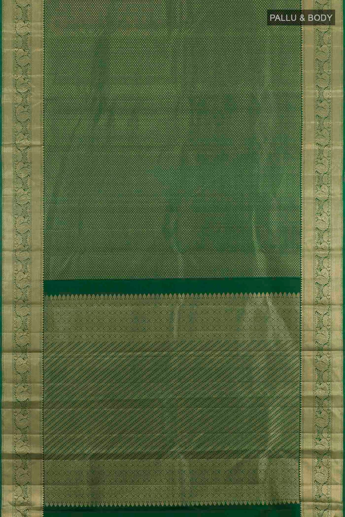 Flat view of Green Kanjivaram Silk Saree with Zari Brocade on the body and Zari Border. 