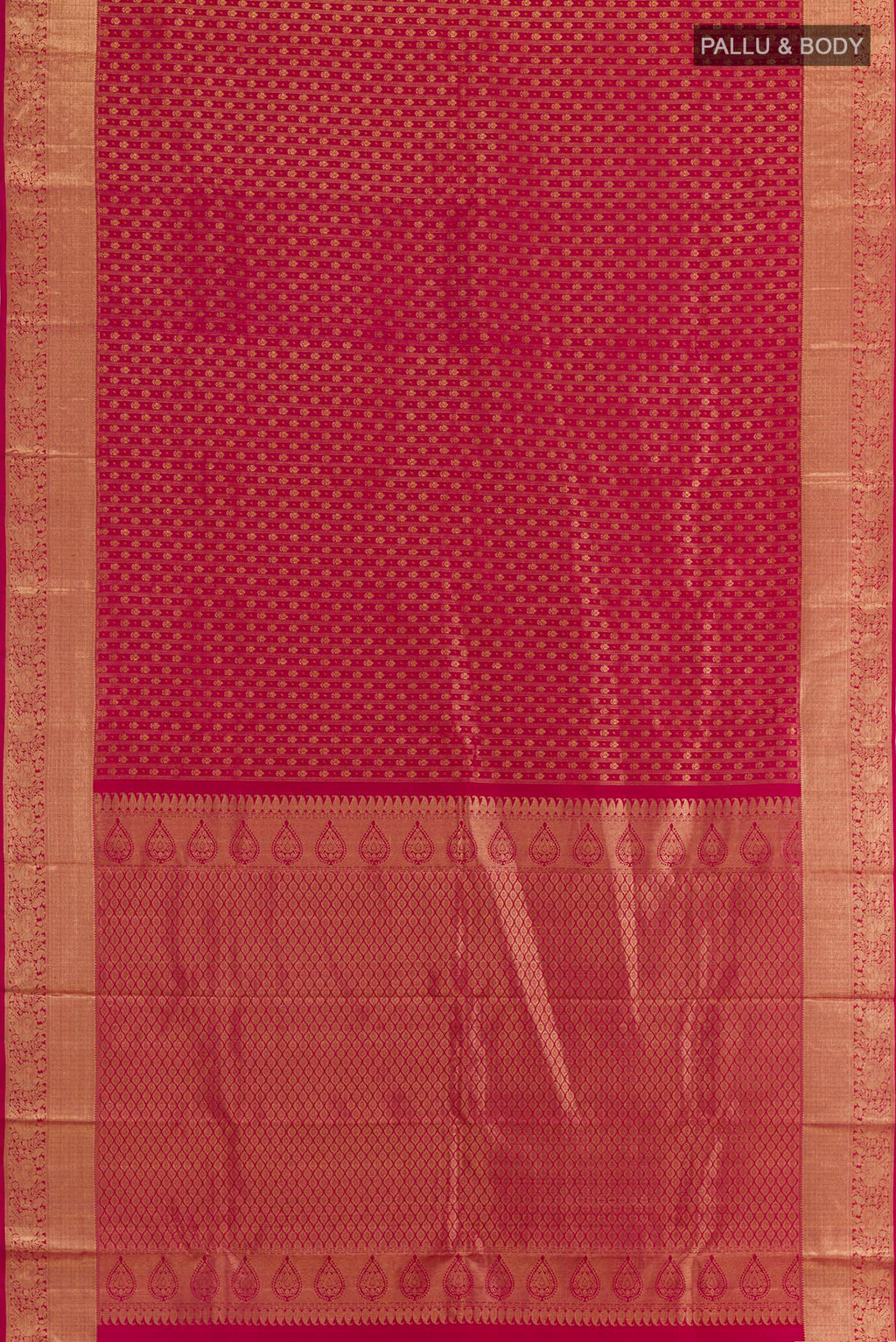 Flat view of Red Kanjivaram Silk Saree with Zari Butta on the body and Zari Border. 