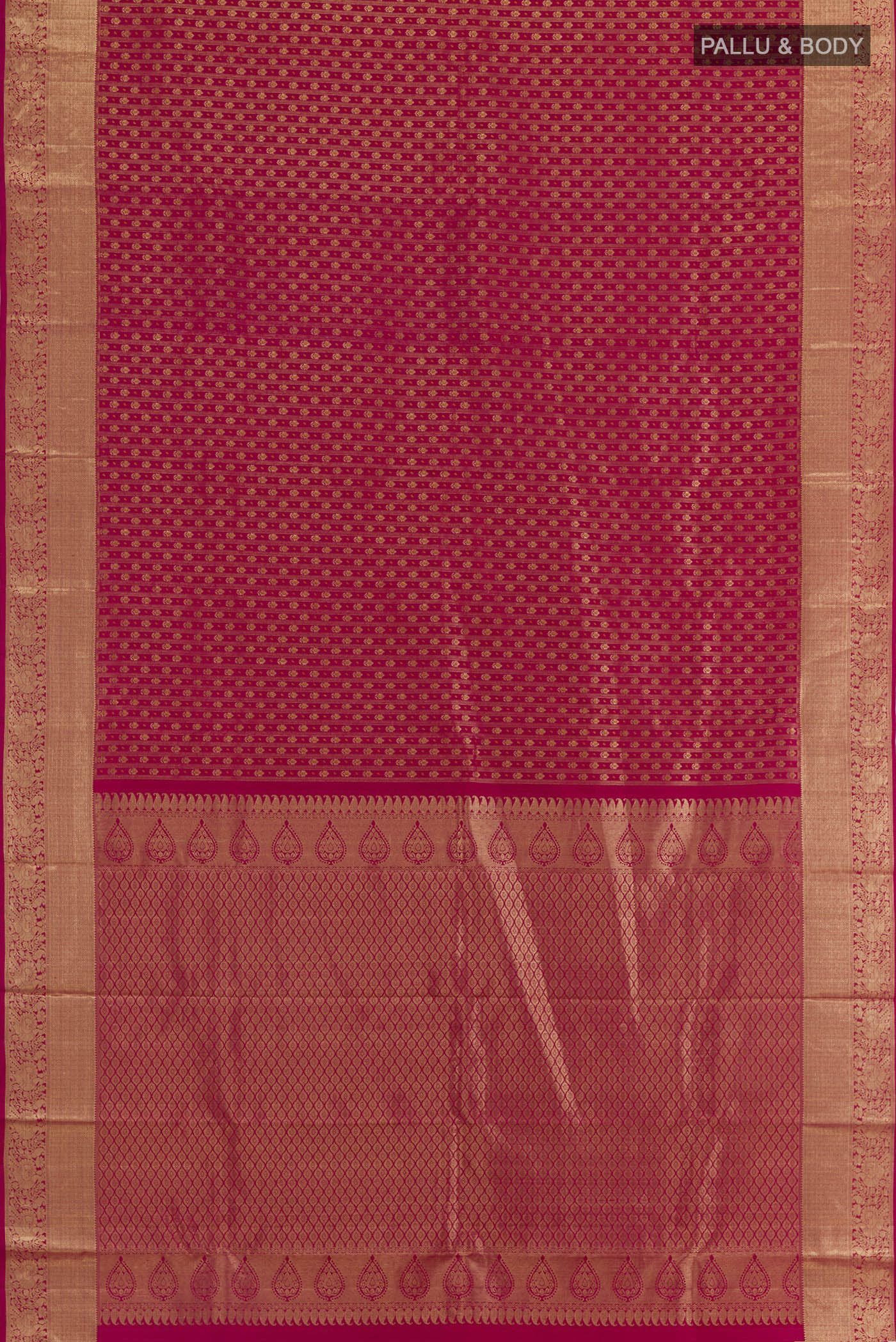 Flat view of Red Kanjivaram Silk Saree with Zari Butta on the body and Zari Border. 