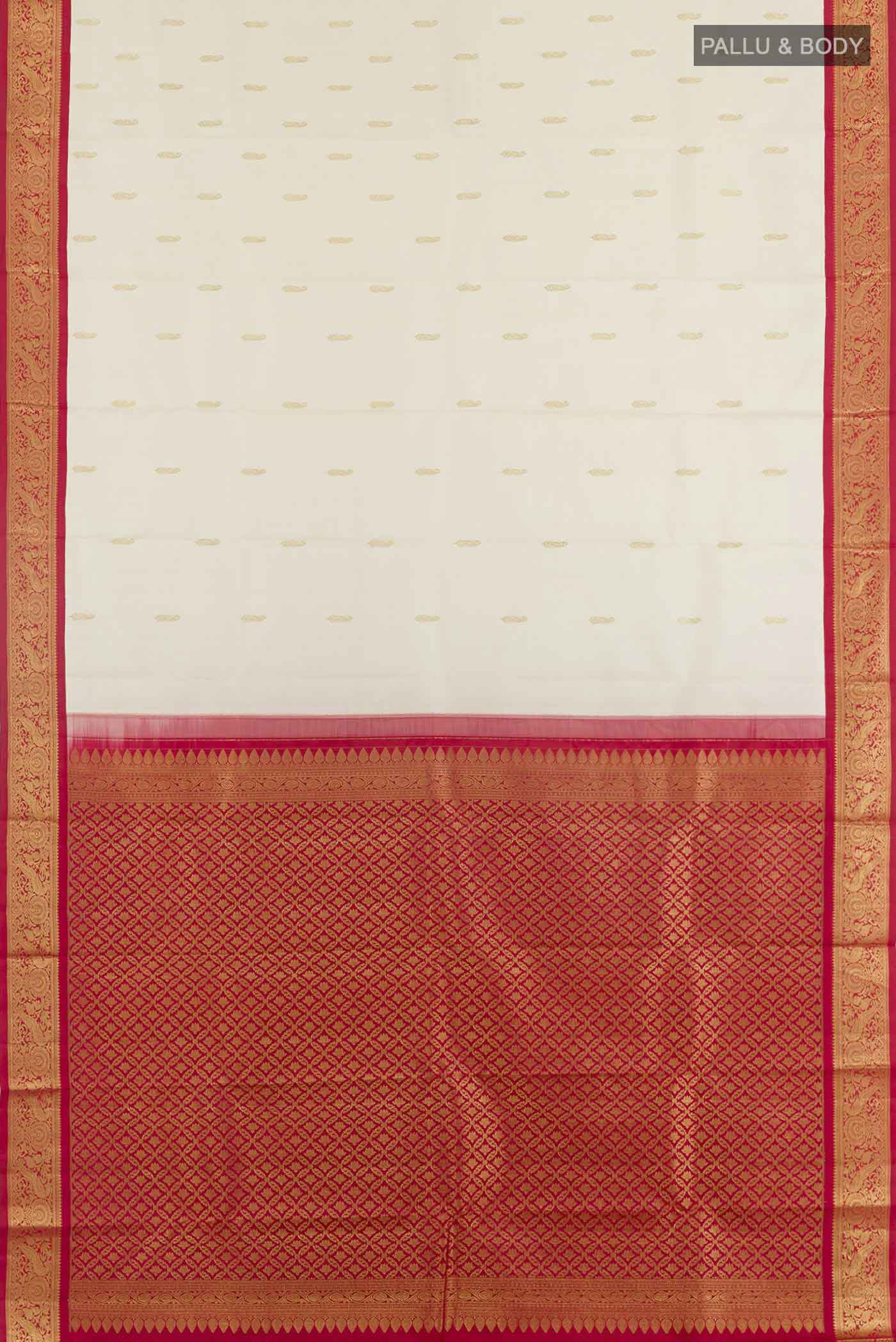 Flat view of Off White Kanjivaram Silk Saree with Zari Butta on the body and Zari Border. 