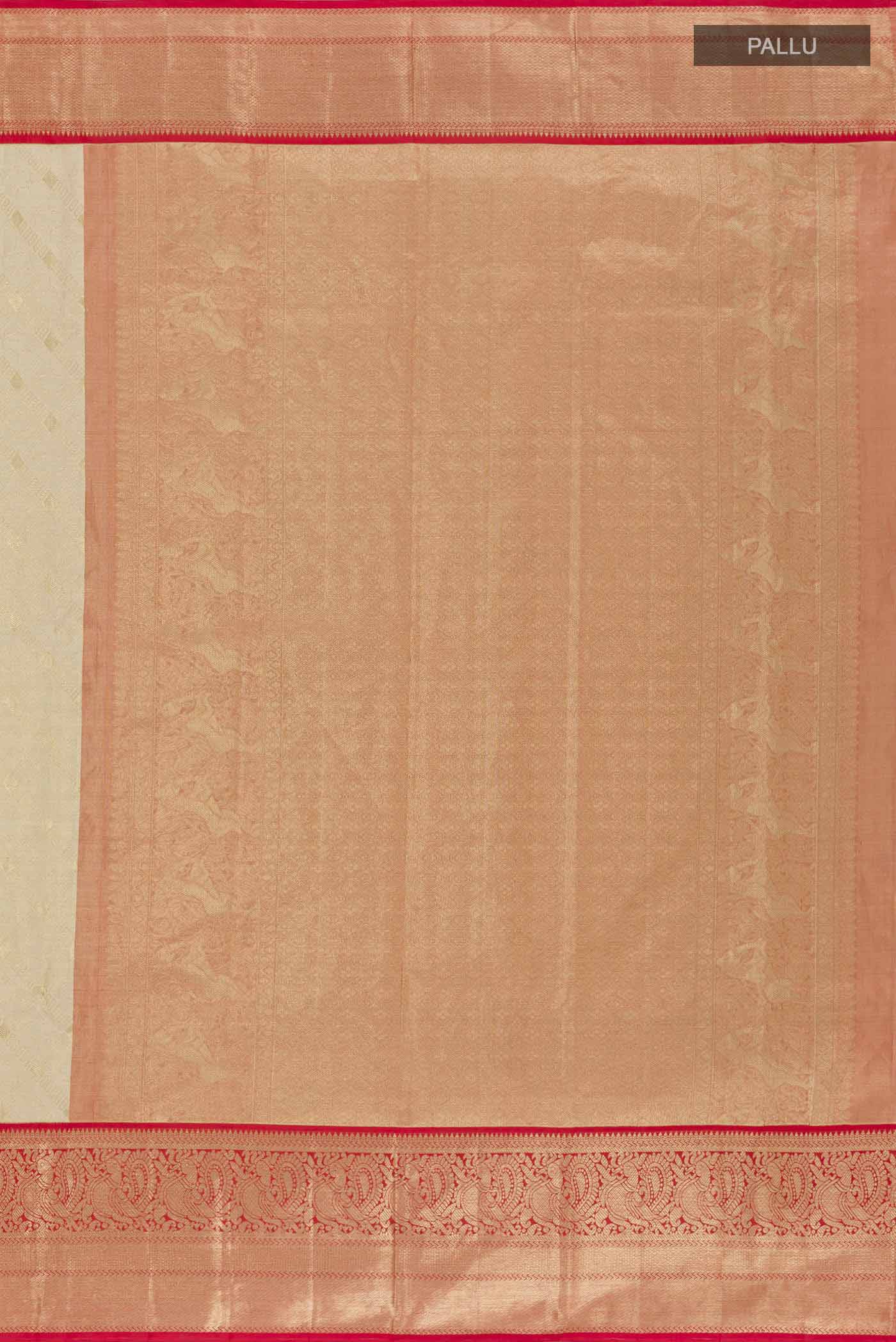Close up image of the pallu of Off White Kanchipuram Silk Saree with Zari Brocade on the body and Zari Border. 