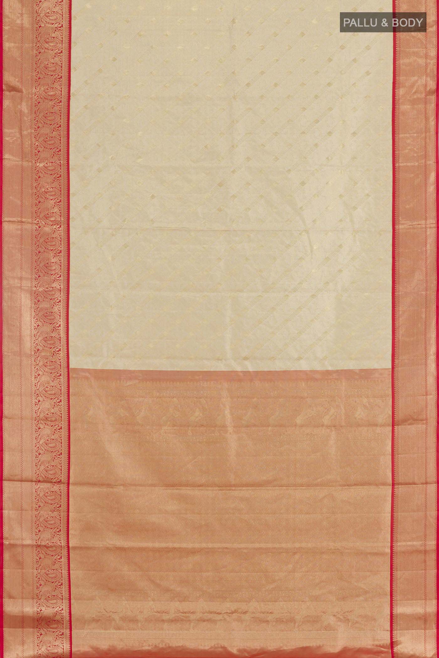 Flat view of Off White Kanchipuram Silk Saree with Zari Brocade on the body and Zari Border. 