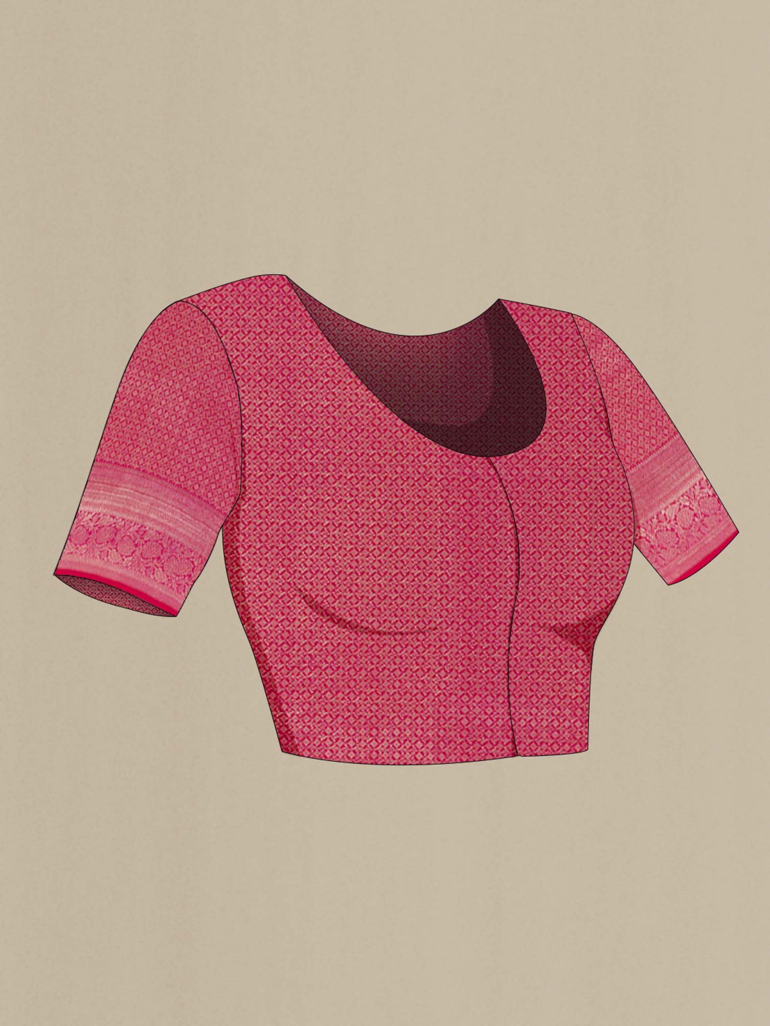 Close up image of the blouse of Red Kanchipuram Silk Saree with Zari Brocade on the body and Zari Border. 