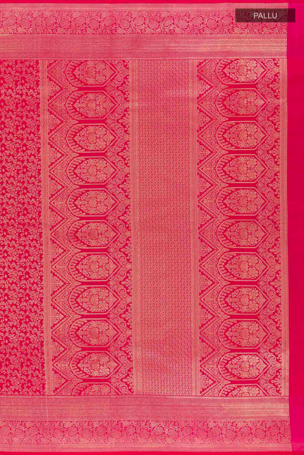 Close up image of the pallu of Red Kanchipuram Silk Saree with Zari Brocade on the body and Zari Border. 