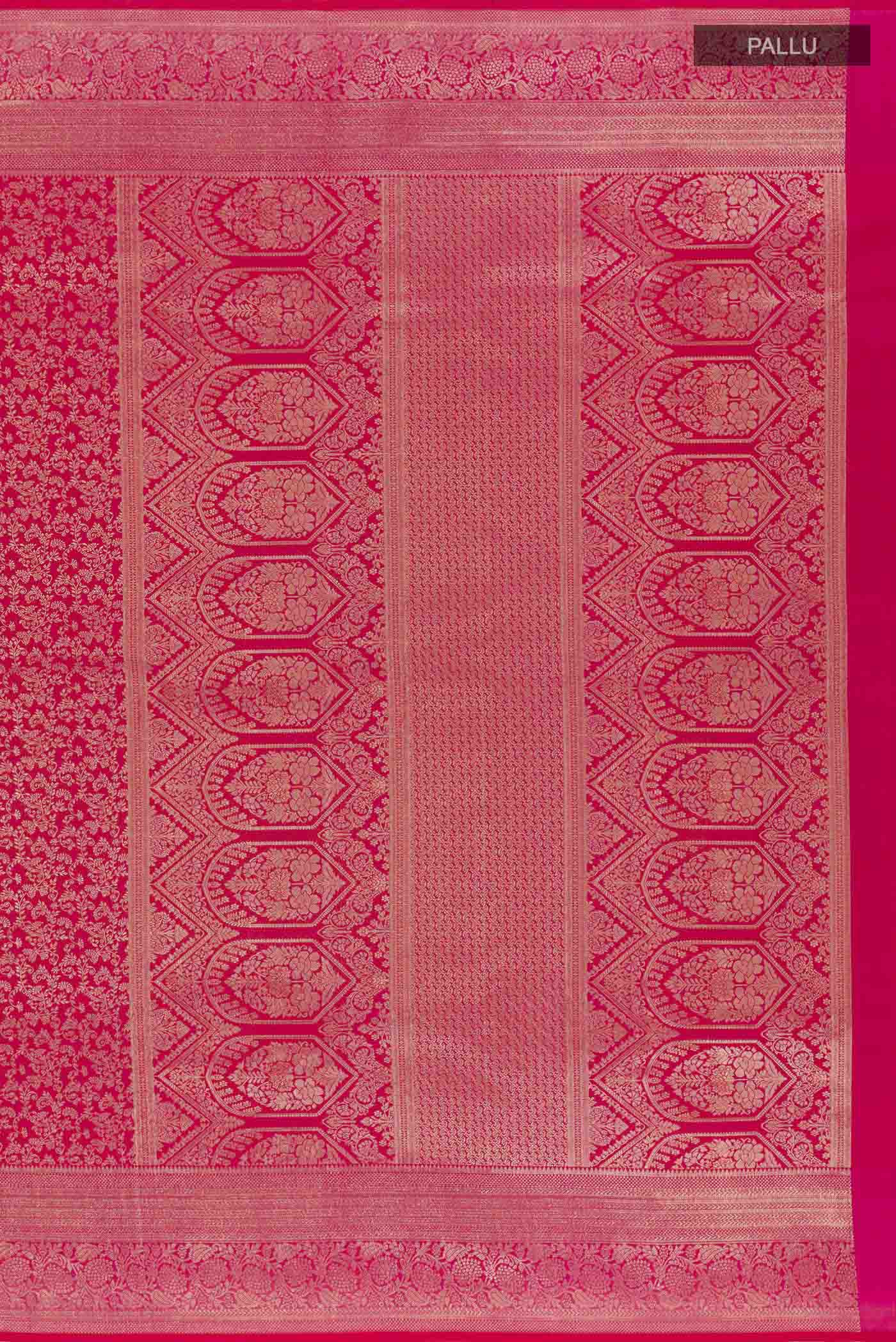 Close up image of the pallu of Red Kanchipuram Silk Saree with Zari Brocade on the body and Zari Border. 
