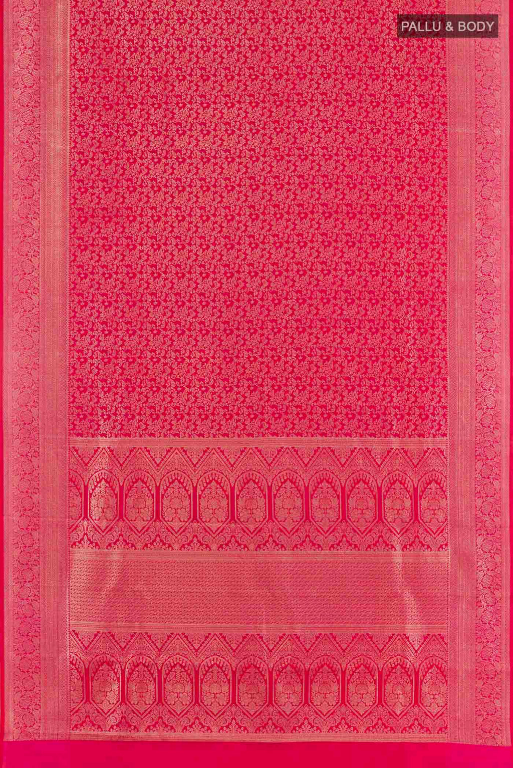 Flat view of Red Kanchipuram Silk Saree with Zari Brocade on the body and Zari Border. 