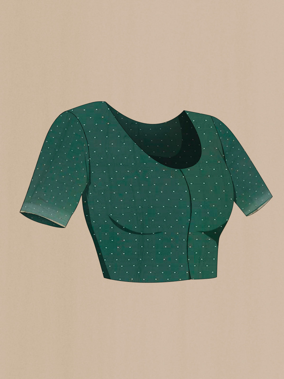 Close up image of the blouse of Green Mysore Chiffon Saree with Printed design on the body and Plain Border. 