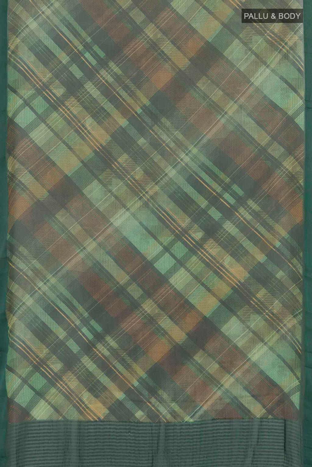 Flat view of Green Mysore Chiffon Saree with Printed design on the body and Plain Border. 