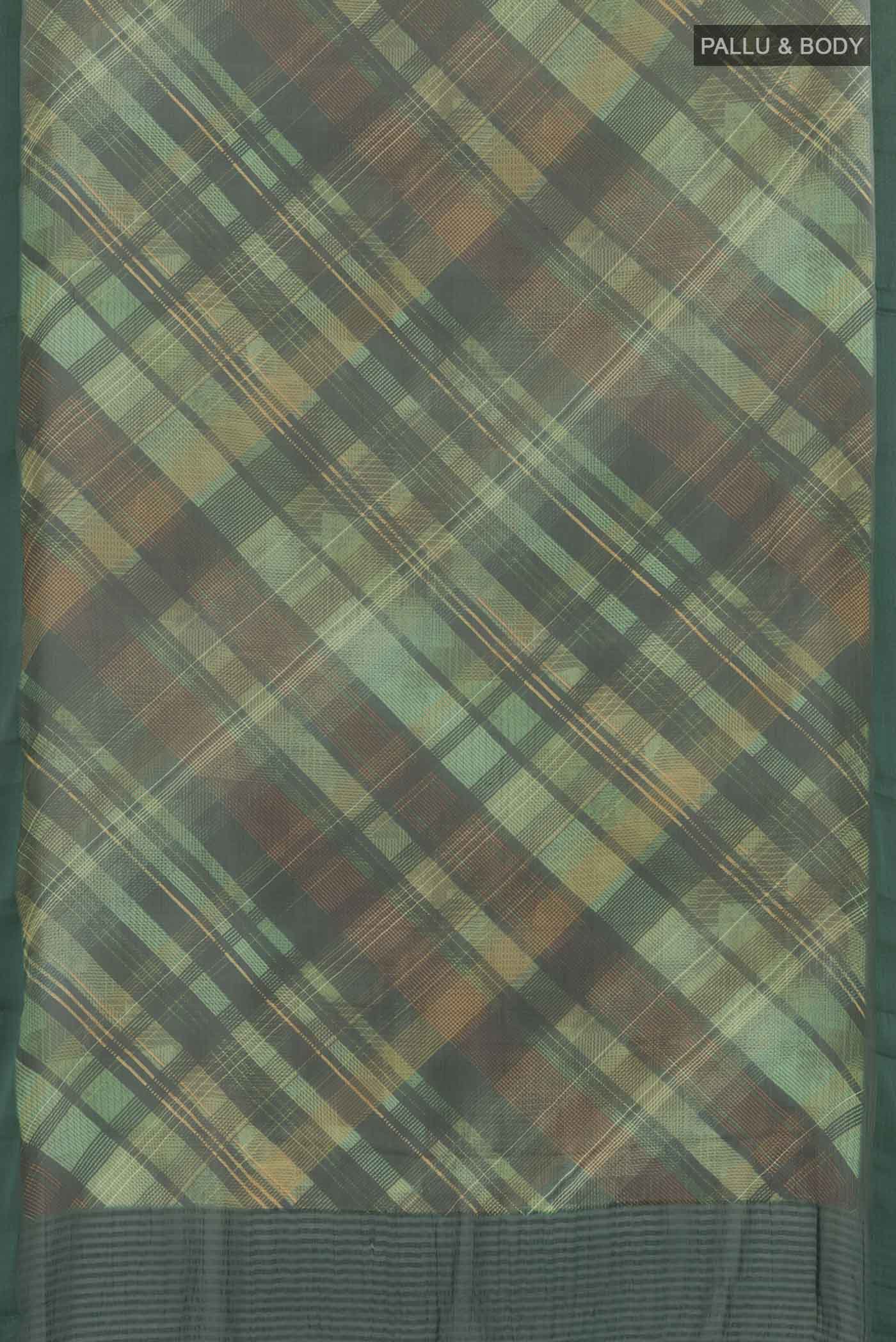 Flat view of Green Mysore Chiffon Saree with Printed design on the body and Plain Border. 