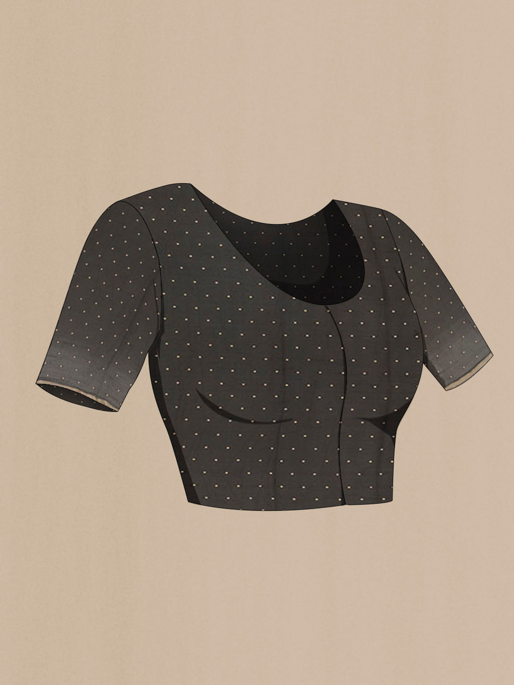 Close up image of the blouse of Black Mysore Chiffon Saree with Printed design on the body and Plain Border. 