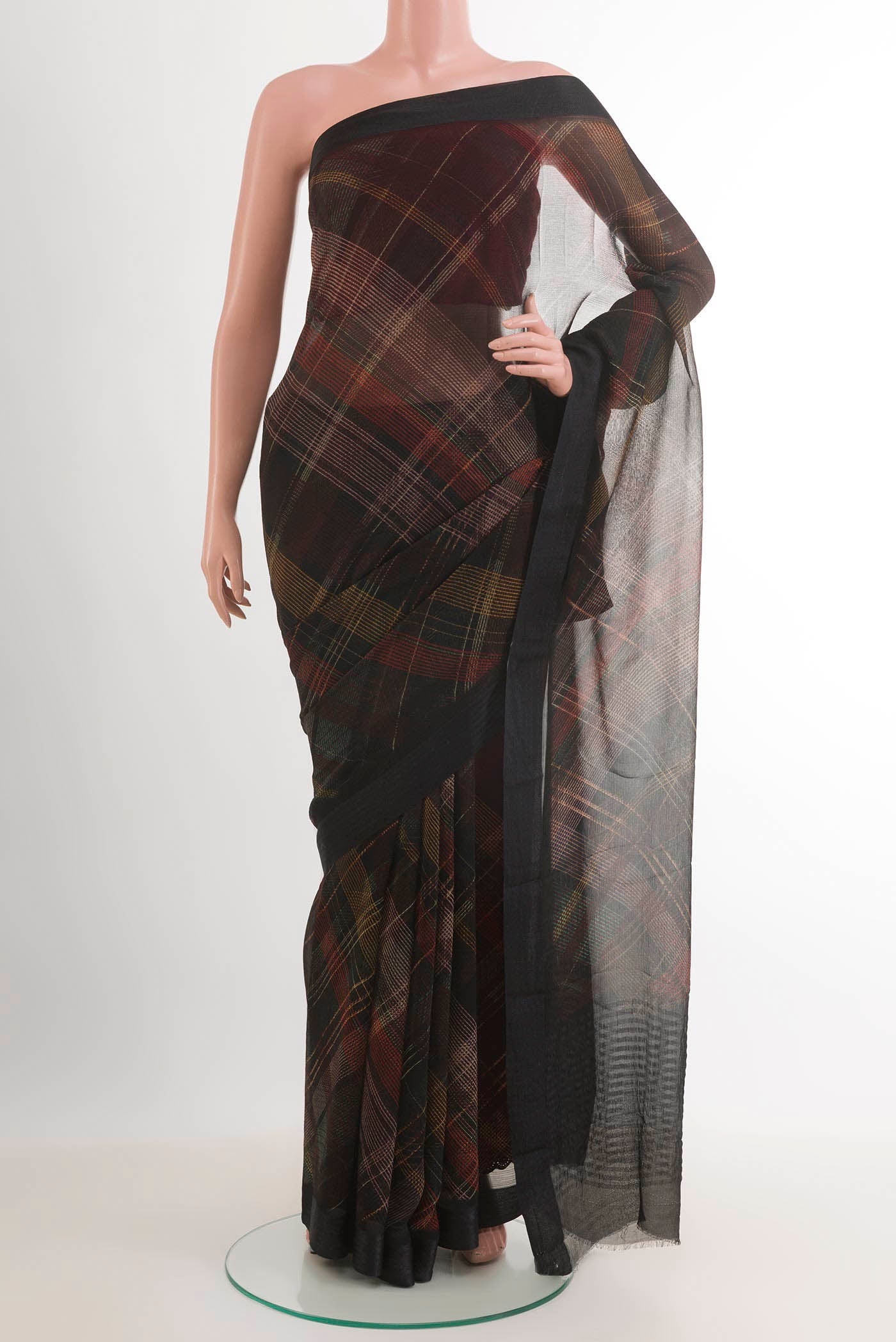Black Mysore Chiffon Saree with Printed design on the body and Plain Border.  displayed on a mannequin